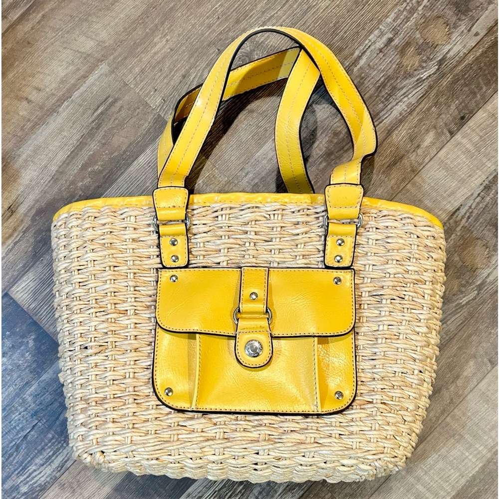 American Living Co Yellow Natural Wicker Tote Blue Gingham Interior Purse Bag